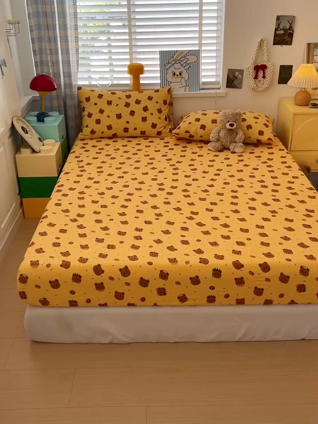 91家纺网 家纺一手货源 找家纺 维娜斯家纺 2025新款A类水洗棉双层纱床笠单件 小熊派对