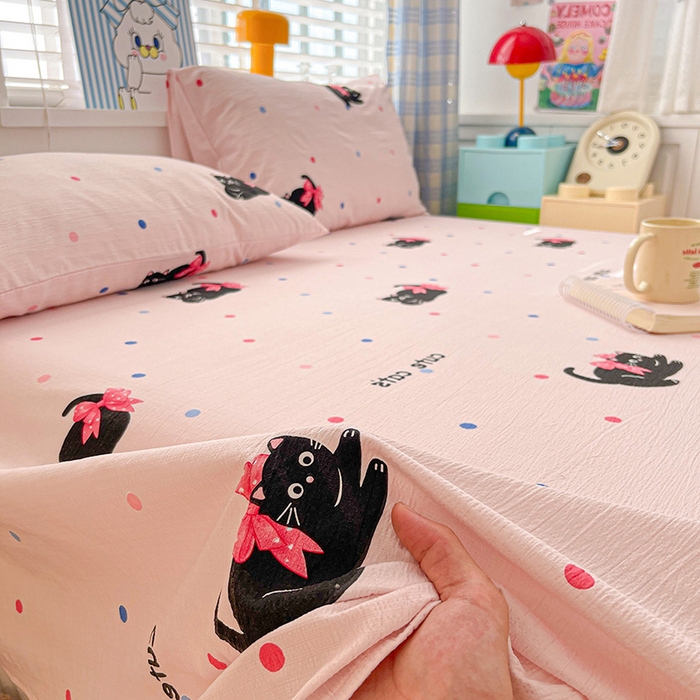 91家纺网 家纺一手货源 找家纺 维娜斯家纺 2025新款A类水洗棉双层纱床单单件 可爱猫咪