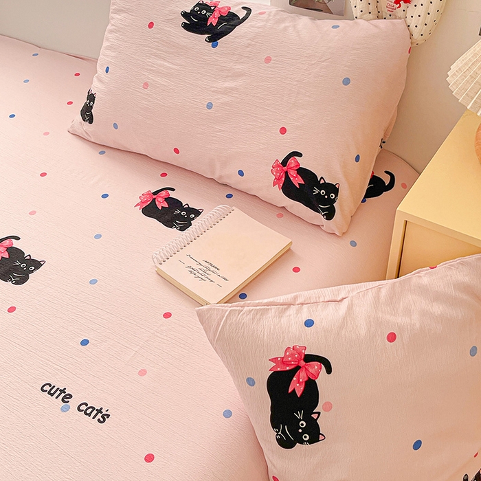 91家纺网 家纺一手货源 找家纺 维娜斯家纺 2025新款A类水洗棉双层纱床单单件 可爱猫咪