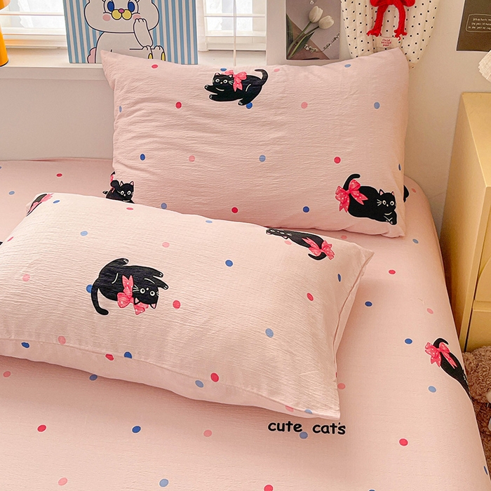 91家纺网 家纺一手货源 找家纺 维娜斯家纺 2025新款A类水洗棉双层纱床单单件 可爱猫咪