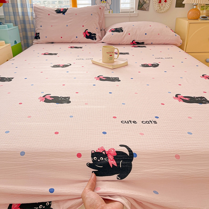 91家纺网 家纺一手货源 找家纺 维娜斯家纺 2025新款A类水洗棉双层纱床单单件 可爱猫咪