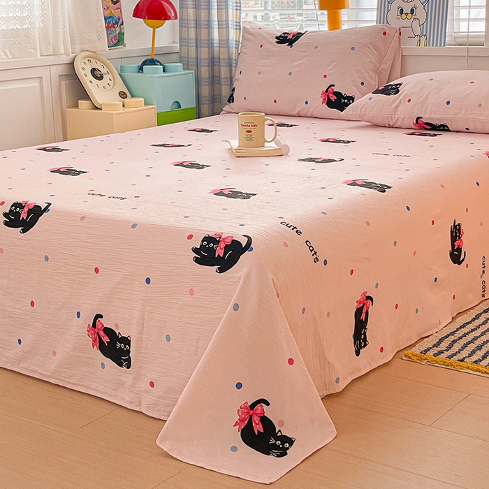 91家纺网 家纺一手货源 找家纺 维娜斯家纺 2025新款A类水洗棉双层纱床单单件 可爱猫咪