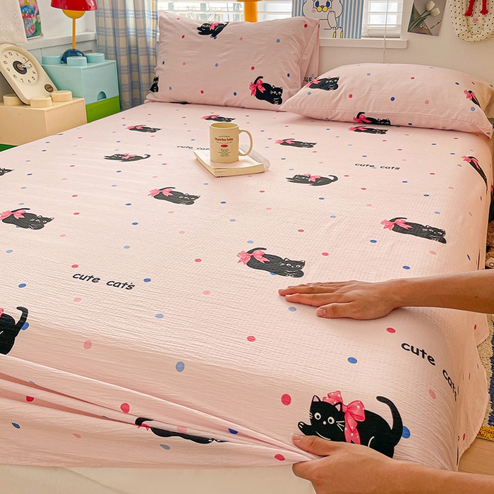 91家纺网 家纺一手货源 找家纺 维娜斯家纺 2025新款A类水洗棉双层纱床单单件 可爱猫咪