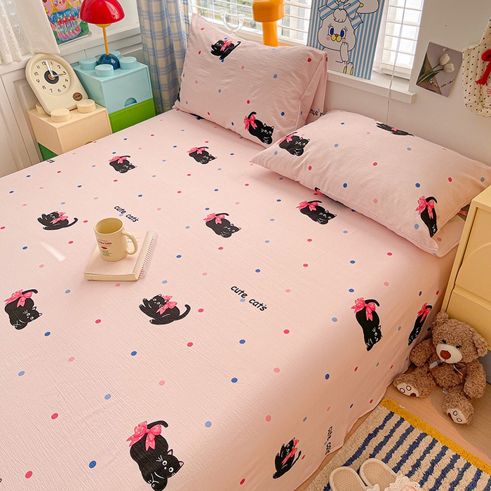 91家纺网 家纺一手货源 找家纺 维娜斯家纺 2025新款A类水洗棉双层纱床单单件 可爱猫咪