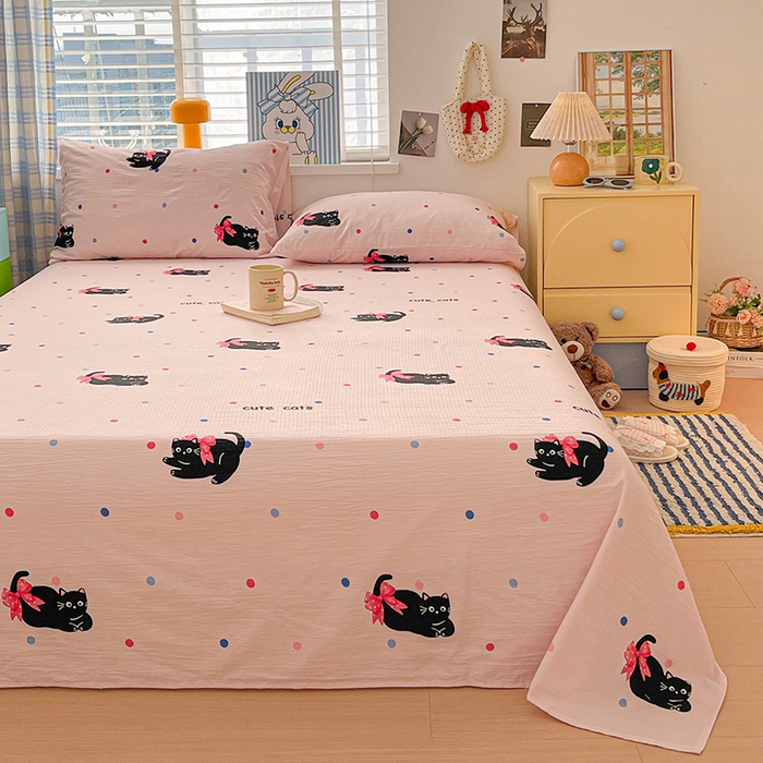 91家纺网 家纺一手货源 找家纺 维娜斯家纺 2025新款A类水洗棉双层纱床单单件 可爱猫咪