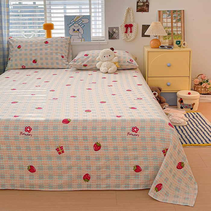 91家纺网 家纺一手货源 找家纺 维娜斯家纺 2025新款A类水洗棉双层纱床单单件 奶油草莓