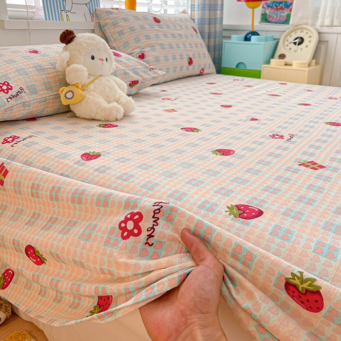 91家纺网 家纺一手货源 找家纺 维娜斯家纺 2025新款A类水洗棉双层纱床单单件 奶油草莓