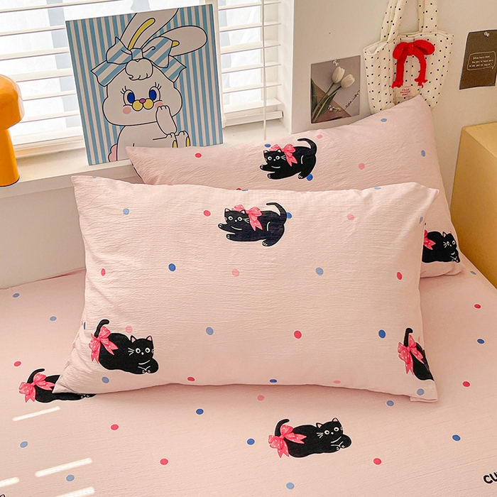 91家纺网 家纺一手货源 找家纺 维娜斯家纺 2025新款A类水洗棉双层纱床单单件 可爱猫咪