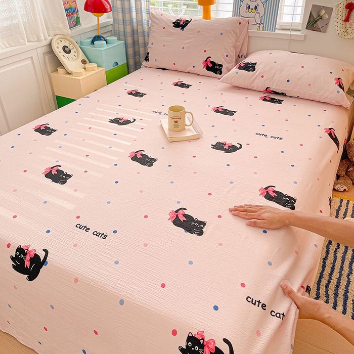 91家纺网 家纺一手货源 找家纺 维娜斯家纺 2025新款A类水洗棉双层纱床单单件 可爱猫咪