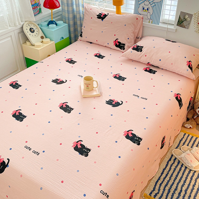 91家纺网 家纺一手货源 找家纺 维娜斯家纺 2025新款A类水洗棉双层纱床单单件 可爱猫咪