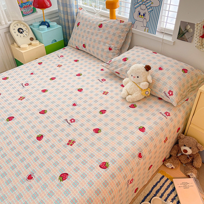 91家纺网 家纺一手货源 找家纺 维娜斯家纺 2025新款A类水洗棉双层纱床单单件 奶油草莓