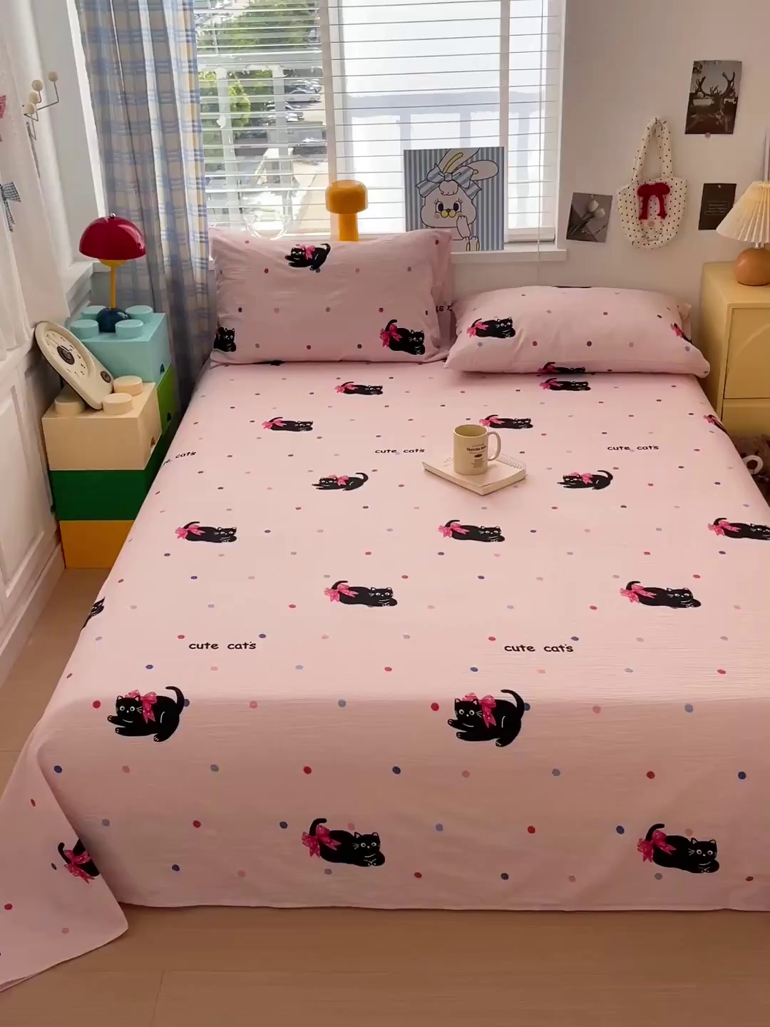 91家纺网 家纺一手货源 找家纺 维娜斯家纺 2025新款A类水洗棉双层纱床单单件 可爱猫咪