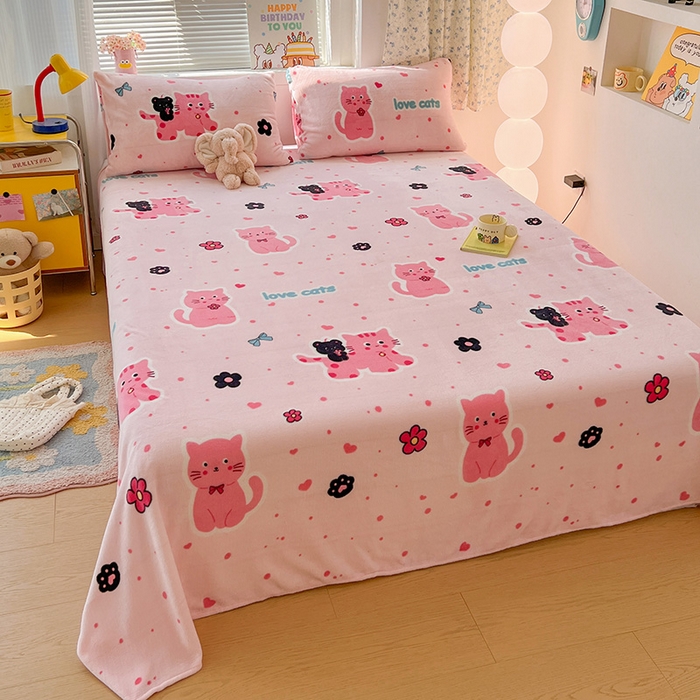 91家纺网 家纺一手货源 找家纺 维娜斯家纺 2025新款卡通牛奶绒印花床单单件 欢乐猫咪