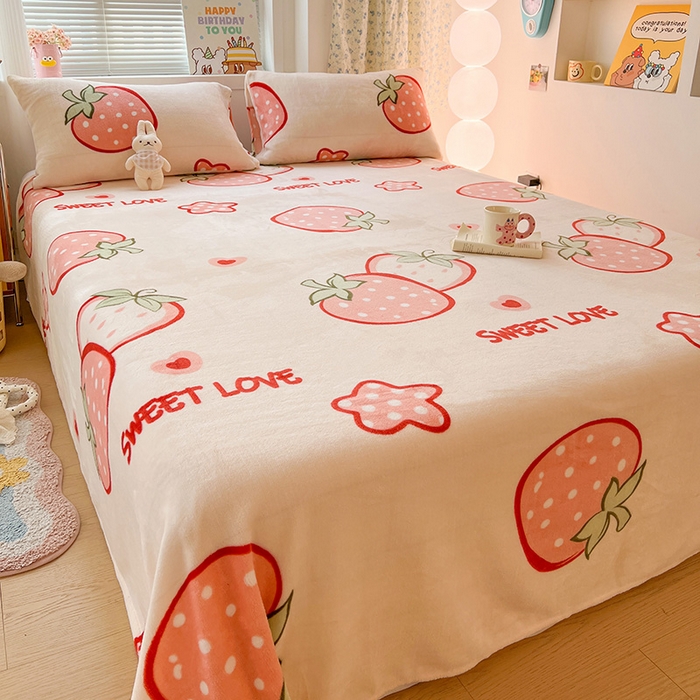 91家纺网 家纺一手货源 找家纺 维娜斯家纺 2025新款卡通牛奶绒印花床单单件 草莓酱