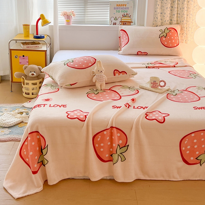 91家纺网 家纺一手货源 找家纺 维娜斯家纺 2025新款卡通牛奶绒印花床单单件 草莓酱