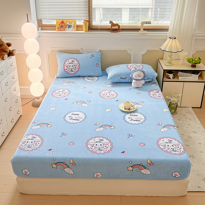 维娜斯家纺 2025新款卡通牛奶绒印花床笠单件 萌萌哈奇