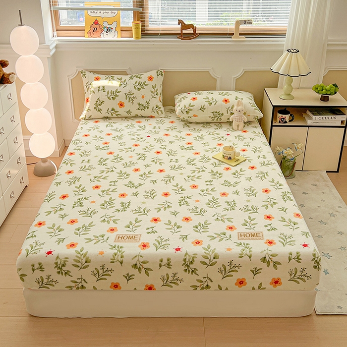 维娜斯家纺 2025新款卡通牛奶绒印花床笠单件 青柠薄荷