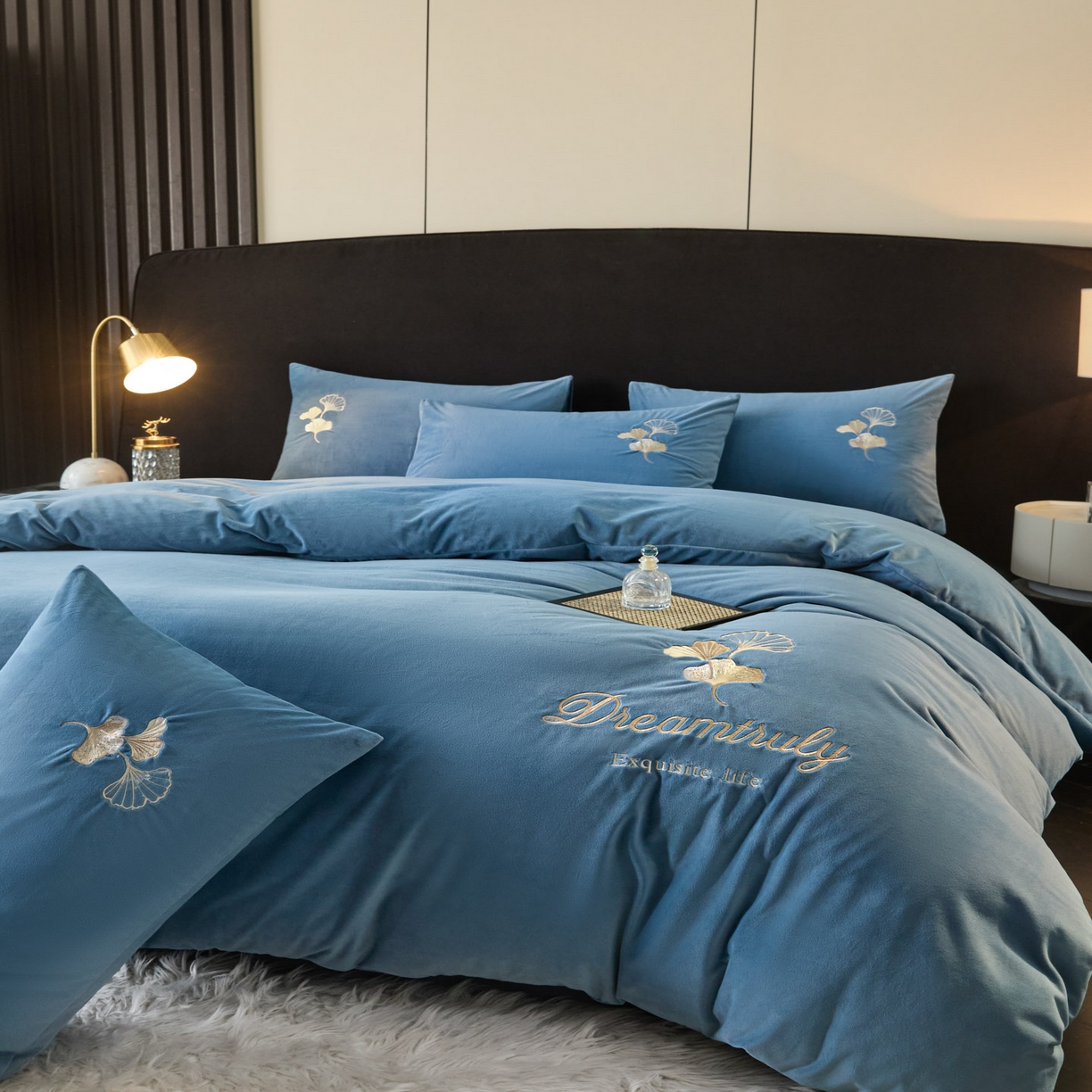 91家纺网 家纺一手货源 找家纺 （总）如一 2025新款水晶绒纯色刺绣四件套-银杏系列