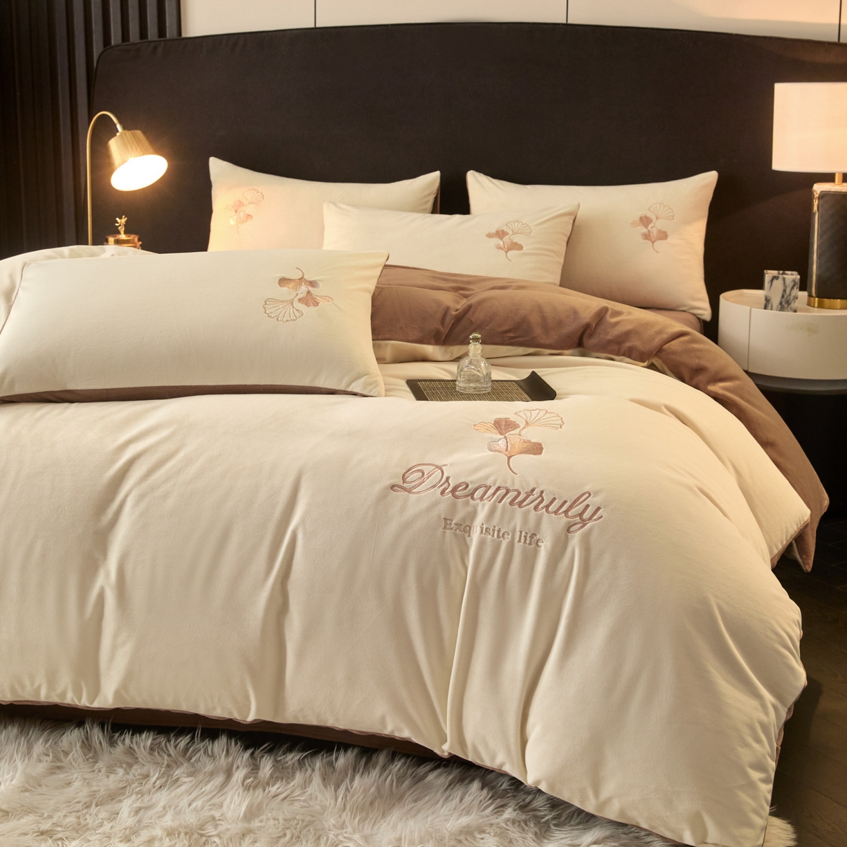 91家纺网 家纺一手货源 找家纺 （总）如一 2025新款水晶绒纯色刺绣四件套-银杏系列