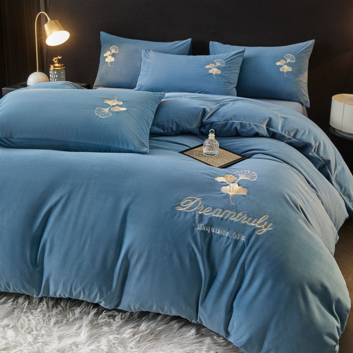 91家纺网 家纺一手货源 找家纺 （总）如一 2025新款水晶绒纯色刺绣四件套-银杏系列