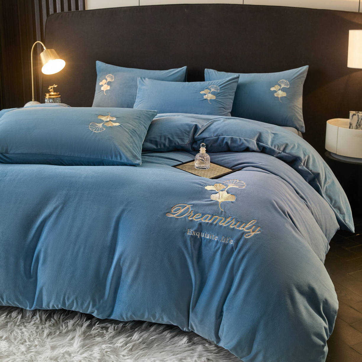 91家纺网 家纺一手货源 找家纺 （总）如一 2025新款水晶绒纯色刺绣四件套-银杏系列