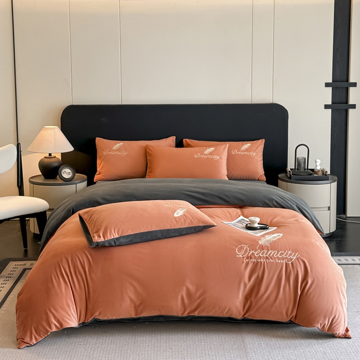 91家纺网 家纺一手货源 找家纺 如一 2025新款水晶绒双拼刺绣四件套轻羽系列-系列二 轻羽-落日橙