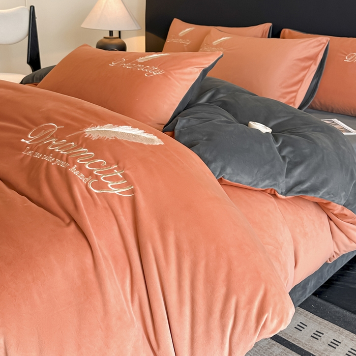 91家纺网 家纺一手货源 找家纺 如一 2025新款水晶绒双拼刺绣四件套轻羽系列-系列二 轻羽-落日橙