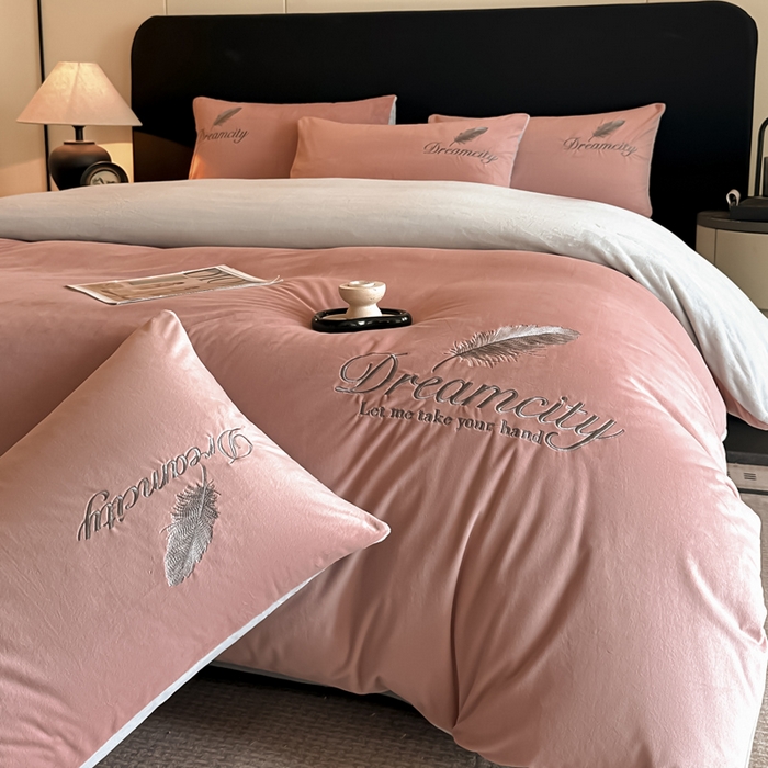 如一 2025新款水晶绒双拼刺绣四件套轻羽系列-系列二 轻羽-豆沙灰