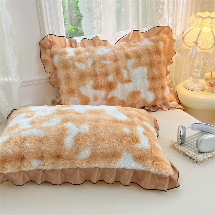 梦舒羽 2025新款兔毛绒单人枕套牛奶绒枕芯套雪花绒宿舍枕头套-泡泡 兔毛绒泡泡花边款-梦幻奶咖