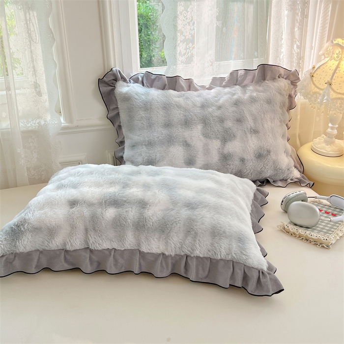 梦舒羽 2025新款兔毛绒单人枕套牛奶绒枕芯套雪花绒宿舍枕头套-泡泡 兔毛绒泡泡花边款-梦幻浅灰