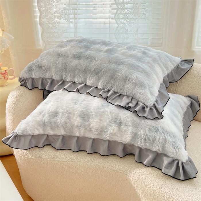 91家纺网 家纺一手货源 找家纺 梦舒羽 2025新款兔毛绒单人枕套牛奶绒枕芯套雪花绒宿舍枕头套-泡泡 兔毛绒泡泡花边款-梦幻浅灰