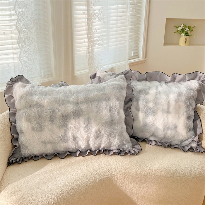 91家纺网 家纺一手货源 找家纺 梦舒羽 2025新款兔毛绒单人枕套牛奶绒枕芯套雪花绒宿舍枕头套-泡泡 兔毛绒泡泡花边款-梦幻浅灰