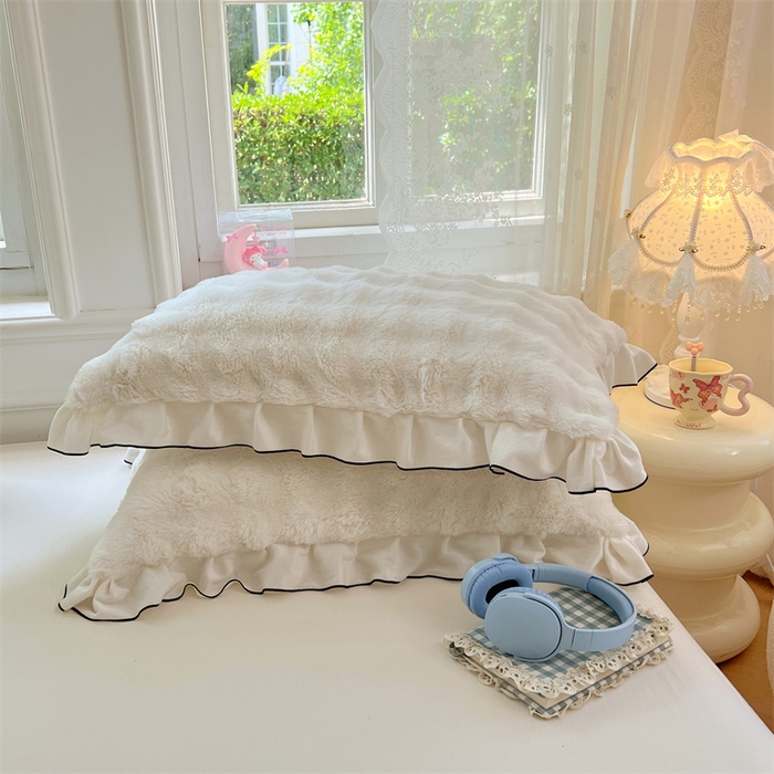 91家纺网 家纺一手货源 找家纺 梦舒羽 2025新款兔毛绒单人枕套牛奶绒枕芯套雪花绒宿舍枕头套-泡泡 兔毛绒泡泡花边款-晨曦白