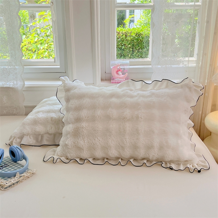91家纺网 家纺一手货源 找家纺 梦舒羽 2025新款兔毛绒单人枕套牛奶绒枕芯套雪花绒宿舍枕头套-泡泡 兔毛绒泡泡花边款-晨曦白