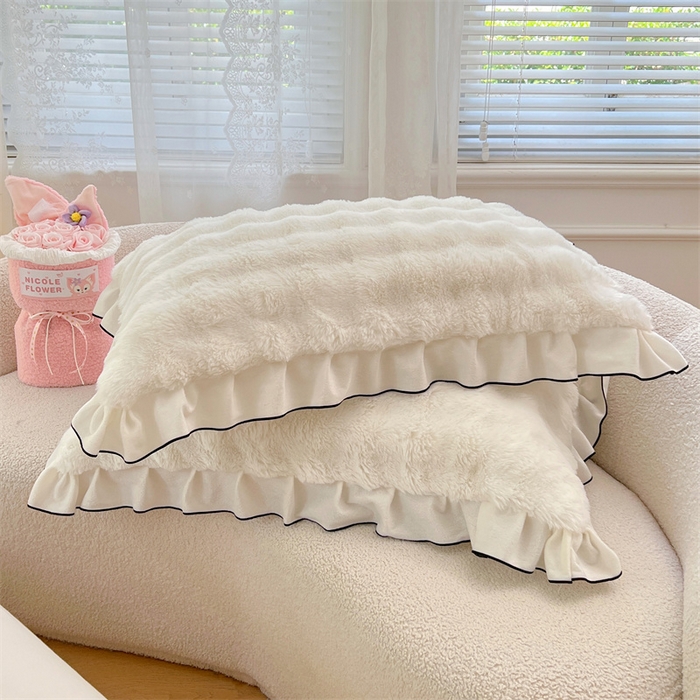 91家纺网 家纺一手货源 找家纺 梦舒羽 2025新款兔毛绒单人枕套牛奶绒枕芯套雪花绒宿舍枕头套-泡泡 兔毛绒泡泡花边款-晨曦白