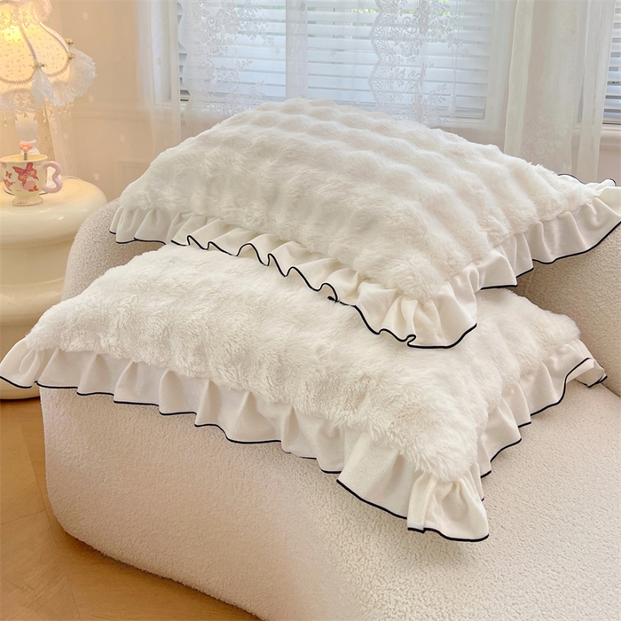 91家纺网 家纺一手货源 找家纺 梦舒羽 2025新款兔毛绒单人枕套牛奶绒枕芯套雪花绒宿舍枕头套-泡泡 兔毛绒泡泡花边款-晨曦白