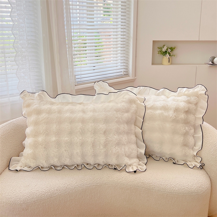 91家纺网 家纺一手货源 找家纺 梦舒羽 2025新款兔毛绒单人枕套牛奶绒枕芯套雪花绒宿舍枕头套-泡泡 兔毛绒泡泡花边款-晨曦白