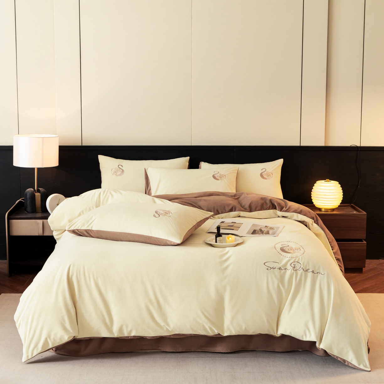 91家纺网 家纺一手货源 找家纺 如一 2025新款水晶绒双拼刺绣四件套-天鹅 天鹅-奶昔白