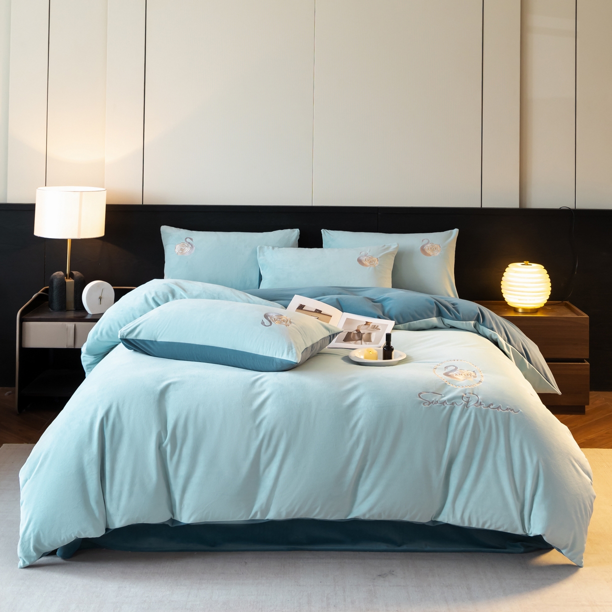 91家纺网 家纺一手货源 找家纺 如一 2025新款水晶绒双拼刺绣四件套-天鹅 天鹅-梵星兰