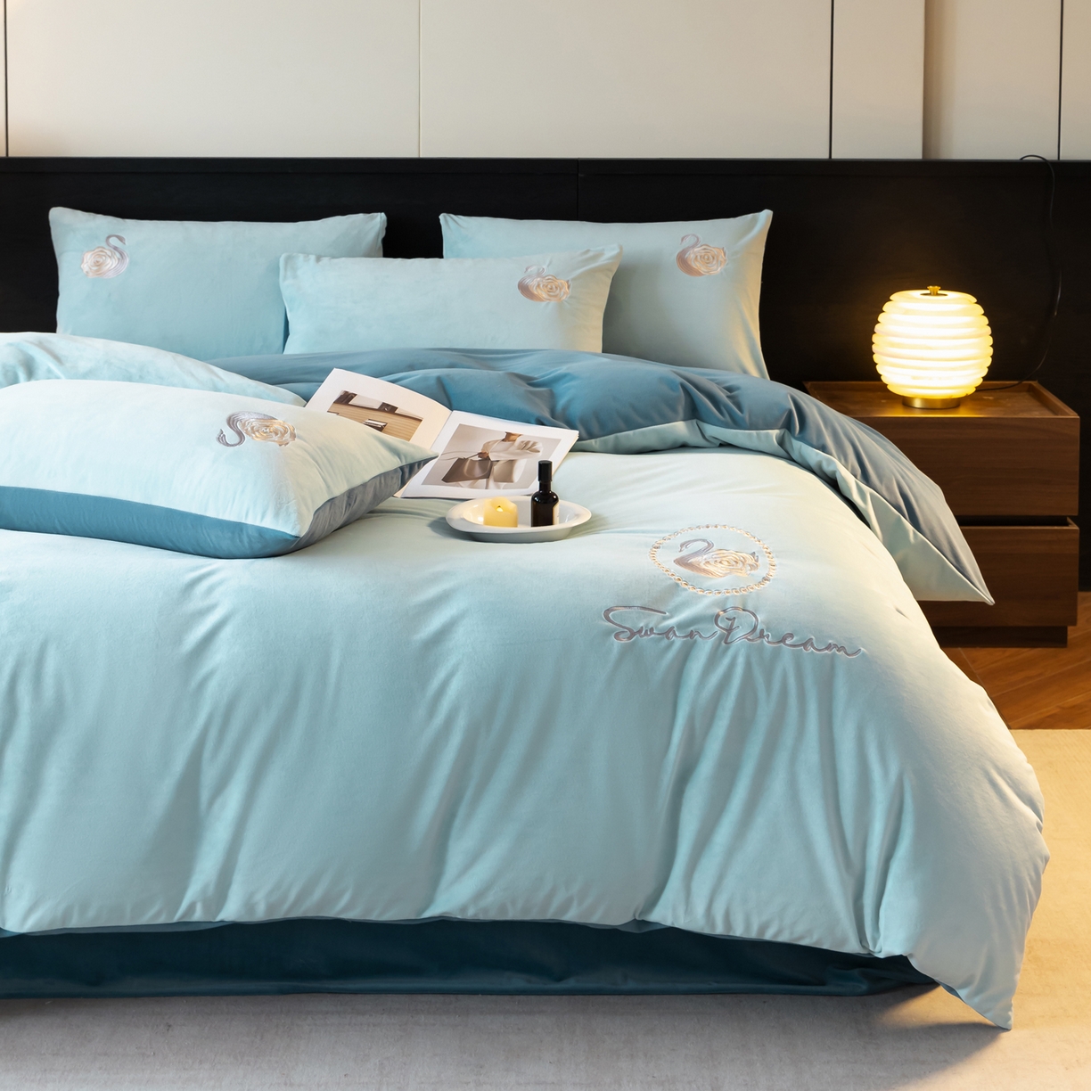 91家纺网 家纺一手货源 找家纺 如一 2025新款水晶绒双拼刺绣四件套-天鹅 天鹅-梵星兰