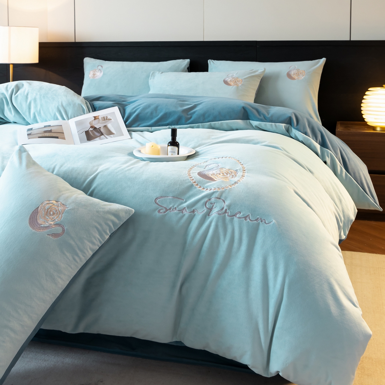 91家纺网 家纺一手货源 找家纺 如一 2025新款水晶绒双拼刺绣四件套-天鹅 天鹅-梵星兰