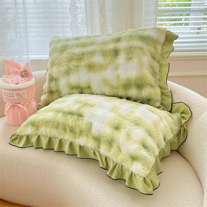 91家纺网 家纺一手货源 找家纺 梦舒羽 2025新款兔毛绒单人枕套牛奶绒枕芯套雪花绒宿舍枕头套-泡泡 兔毛绒泡泡花边款-梦幻果绿