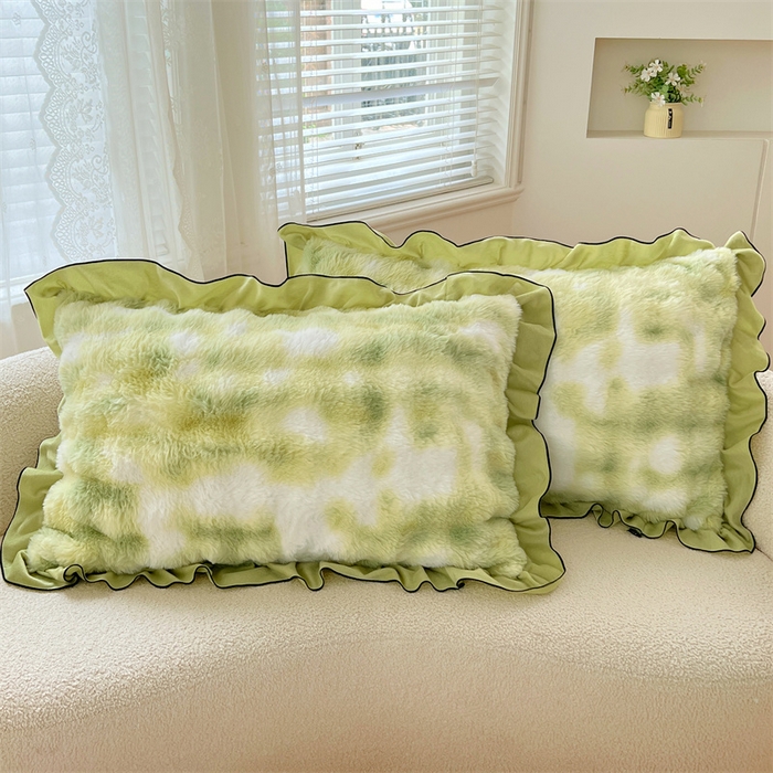 91家纺网 家纺一手货源 找家纺 梦舒羽 2025新款兔毛绒单人枕套牛奶绒枕芯套雪花绒宿舍枕头套-泡泡 兔毛绒泡泡花边款-梦幻果绿