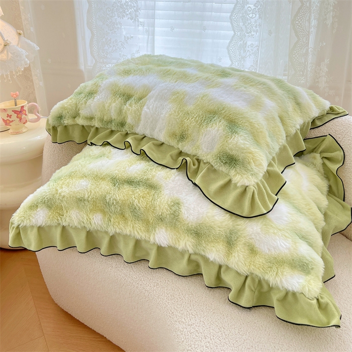 91家纺网 家纺一手货源 找家纺 梦舒羽 2025新款兔毛绒单人枕套牛奶绒枕芯套雪花绒宿舍枕头套-泡泡 兔毛绒泡泡花边款-梦幻果绿