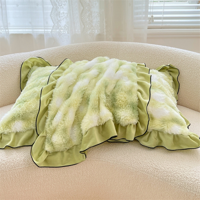 91家纺网 家纺一手货源 找家纺 梦舒羽 2025新款兔毛绒单人枕套牛奶绒枕芯套雪花绒宿舍枕头套-泡泡 兔毛绒泡泡花边款-梦幻果绿