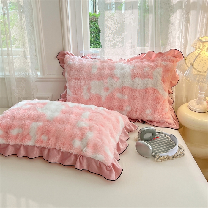 91家纺网 家纺一手货源 找家纺 梦舒羽 2025新款兔毛绒单人枕套牛奶绒枕芯套雪花绒宿舍枕头套-泡泡 兔毛绒泡泡花边款-梦幻樱粉