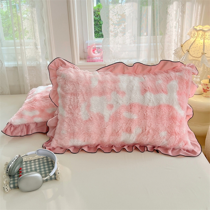 91家纺网 家纺一手货源 找家纺 梦舒羽 2025新款兔毛绒单人枕套牛奶绒枕芯套雪花绒宿舍枕头套-泡泡 兔毛绒泡泡花边款-梦幻樱粉