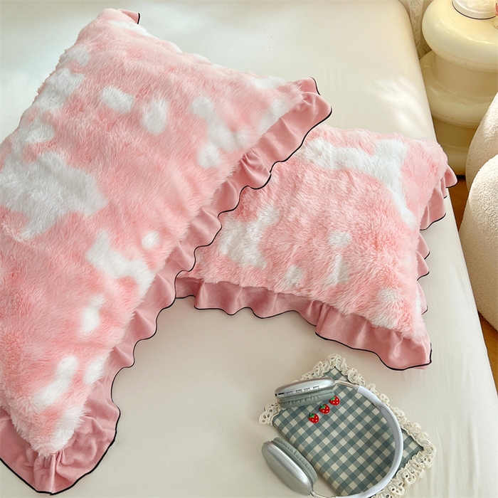 91家纺网 家纺一手货源 找家纺 梦舒羽 2025新款兔毛绒单人枕套牛奶绒枕芯套雪花绒宿舍枕头套-泡泡 兔毛绒泡泡花边款-梦幻樱粉