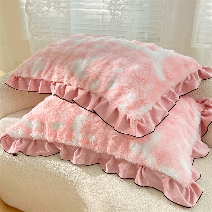 91家纺网 家纺一手货源 找家纺 梦舒羽 2025新款兔毛绒单人枕套牛奶绒枕芯套雪花绒宿舍枕头套-泡泡 兔毛绒泡泡花边款-梦幻樱粉
