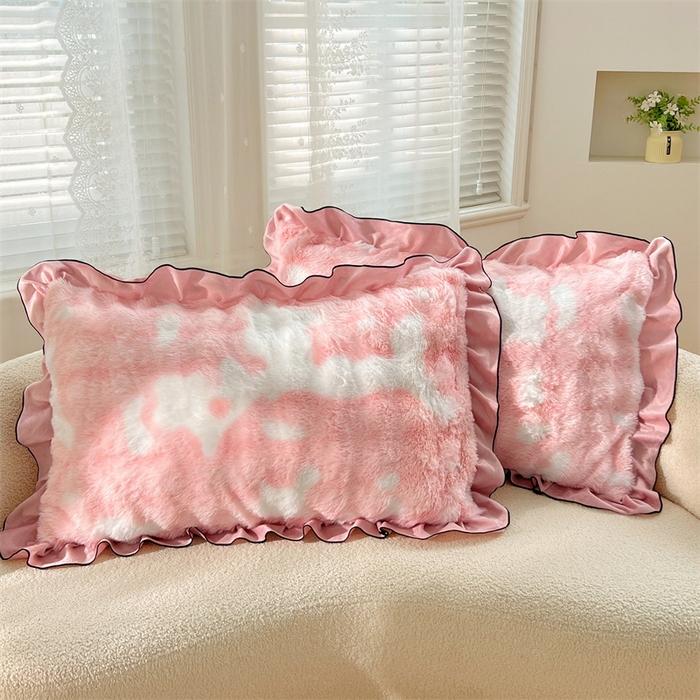 91家纺网 家纺一手货源 找家纺 梦舒羽 2025新款兔毛绒单人枕套牛奶绒枕芯套雪花绒宿舍枕头套-泡泡 兔毛绒泡泡花边款-梦幻樱粉